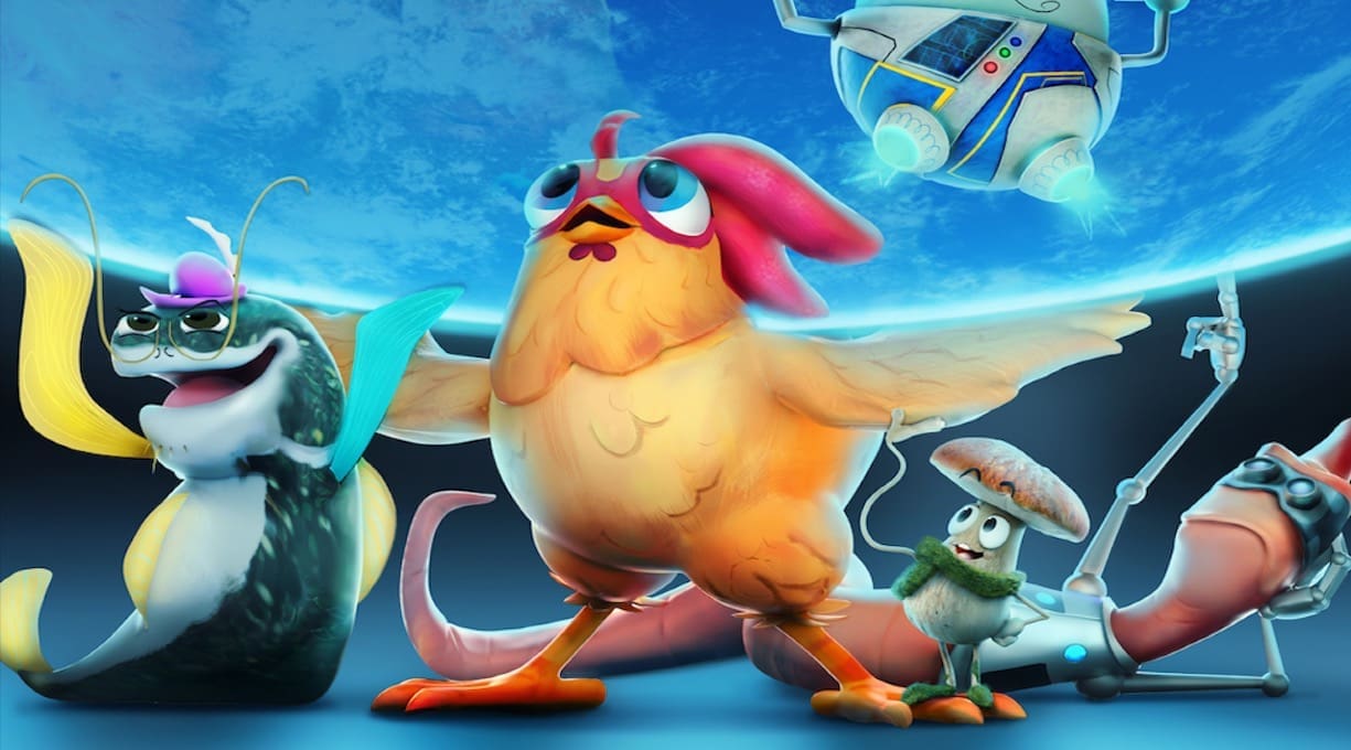 Animated Future Chicken, catfish, mushroom, and worm stand holding up planet earth