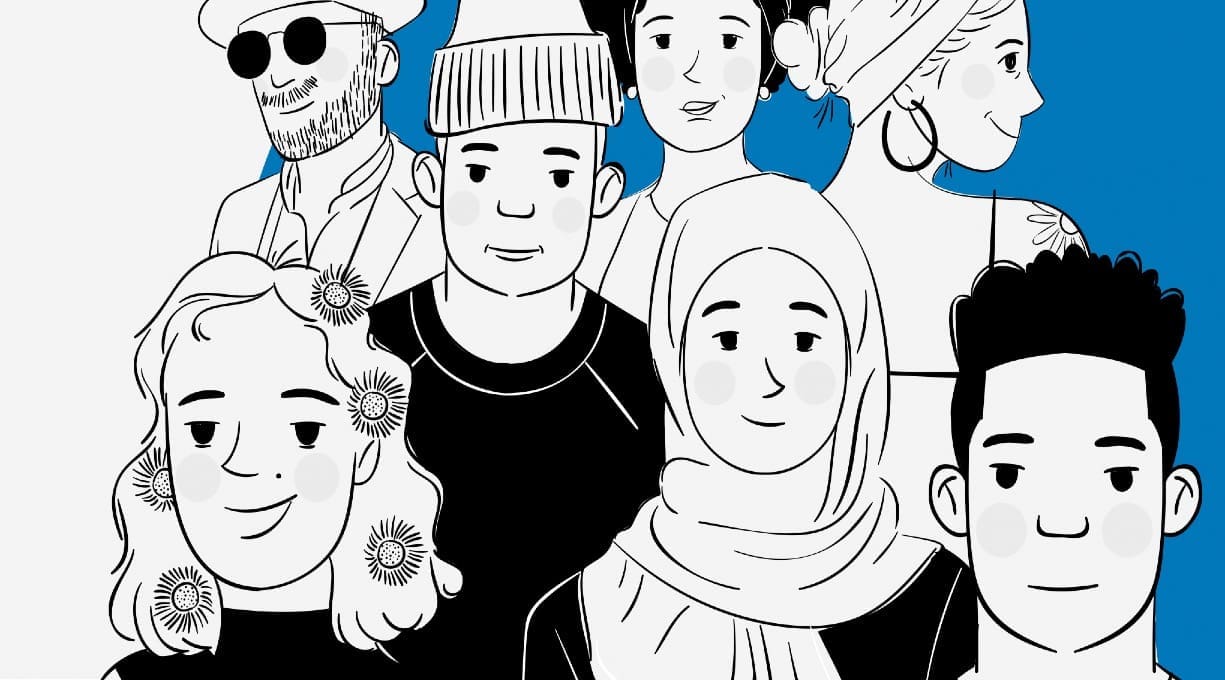 Graphic of crowd of young people smiling and looking happy.