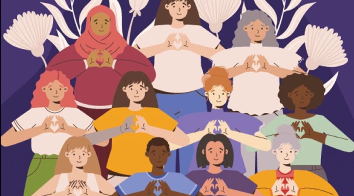 an animated group of women characters stand in solidarity making heart shapes with their hands to signify inspiring inclusion.