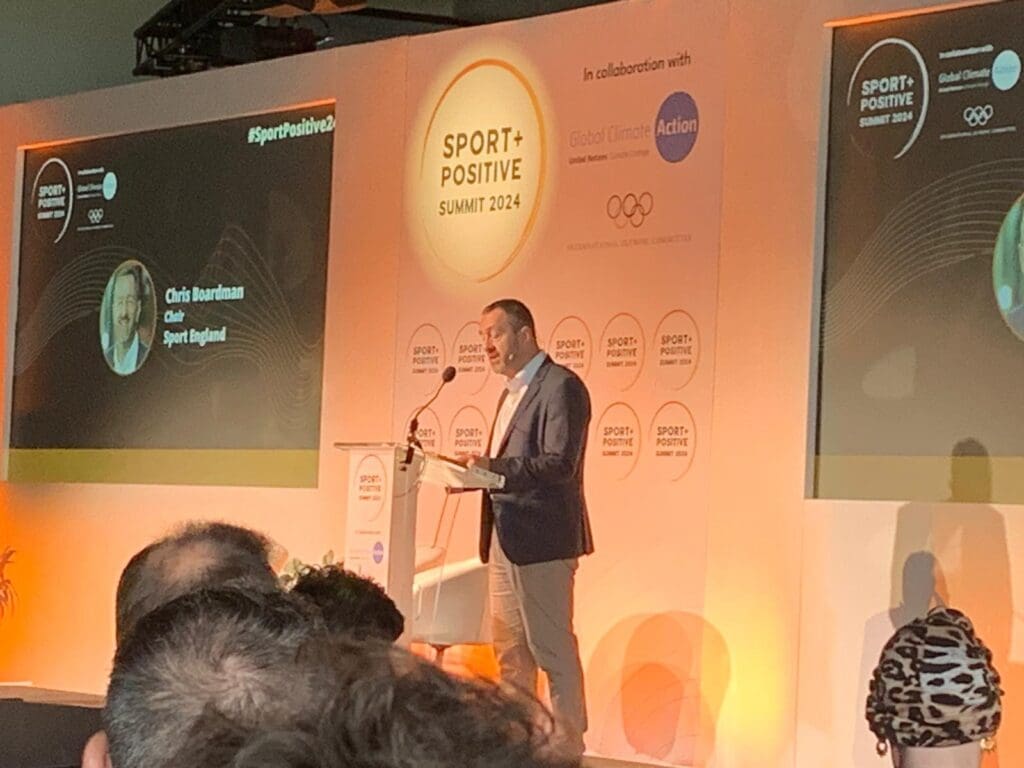Chris Boardman, the chair of Sport England on stage opening Sport Positive 2024.