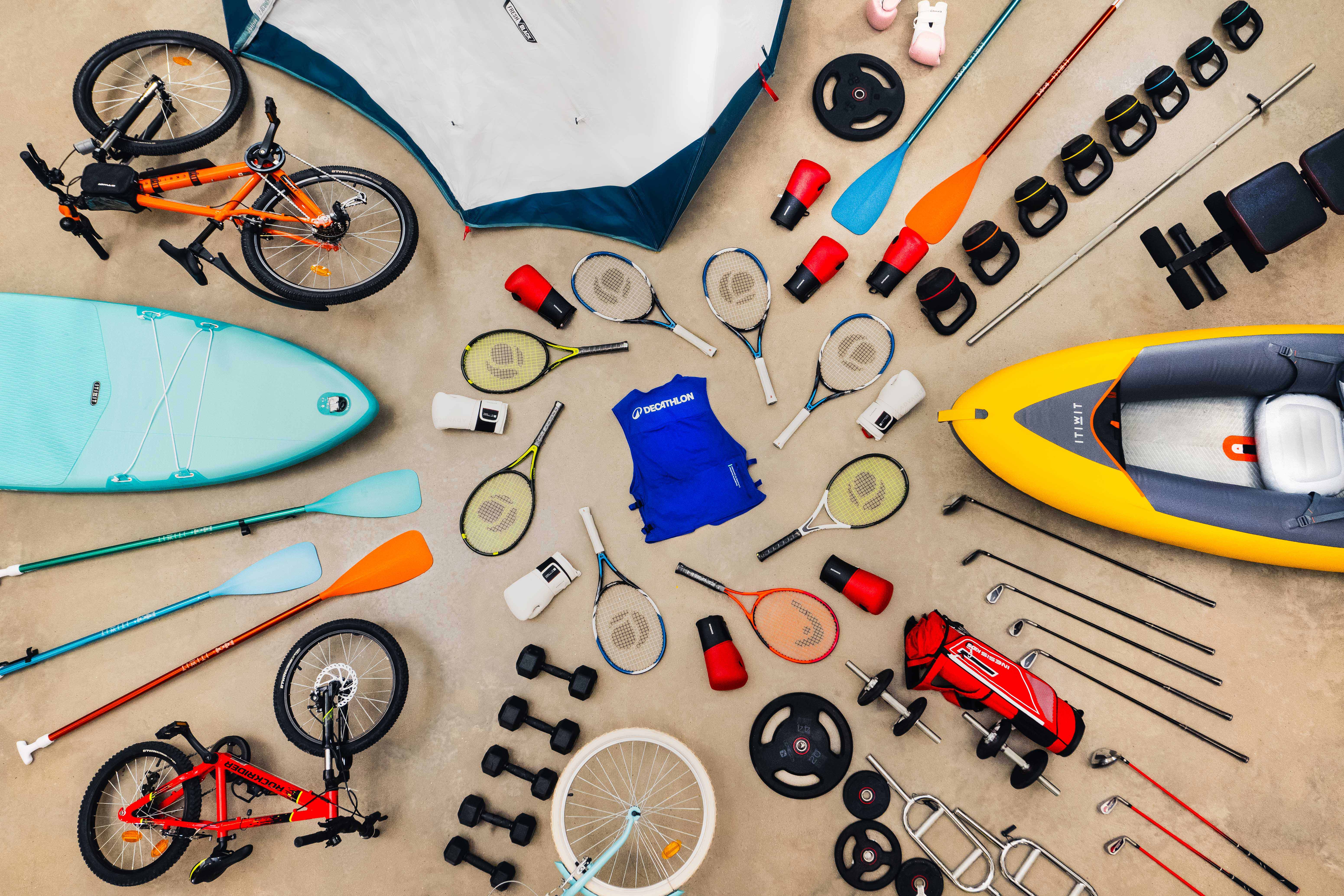 A display of the Decathlon equipment now available to buy back