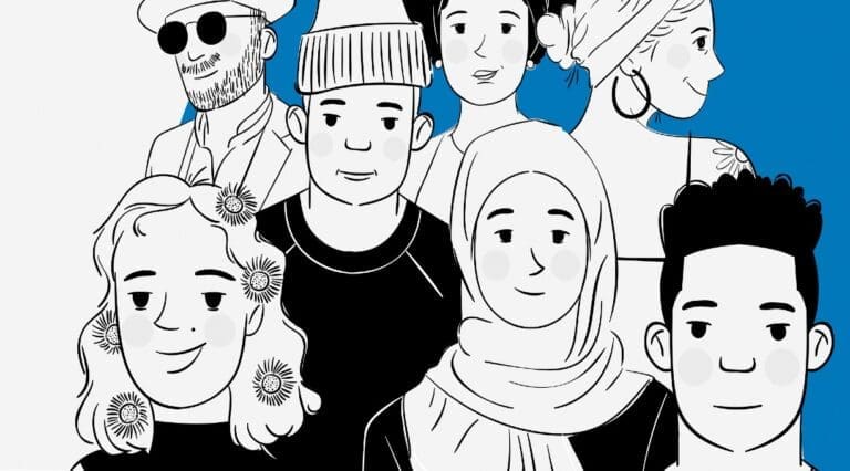 Graphic of crowd of young people smiling and looking happy.